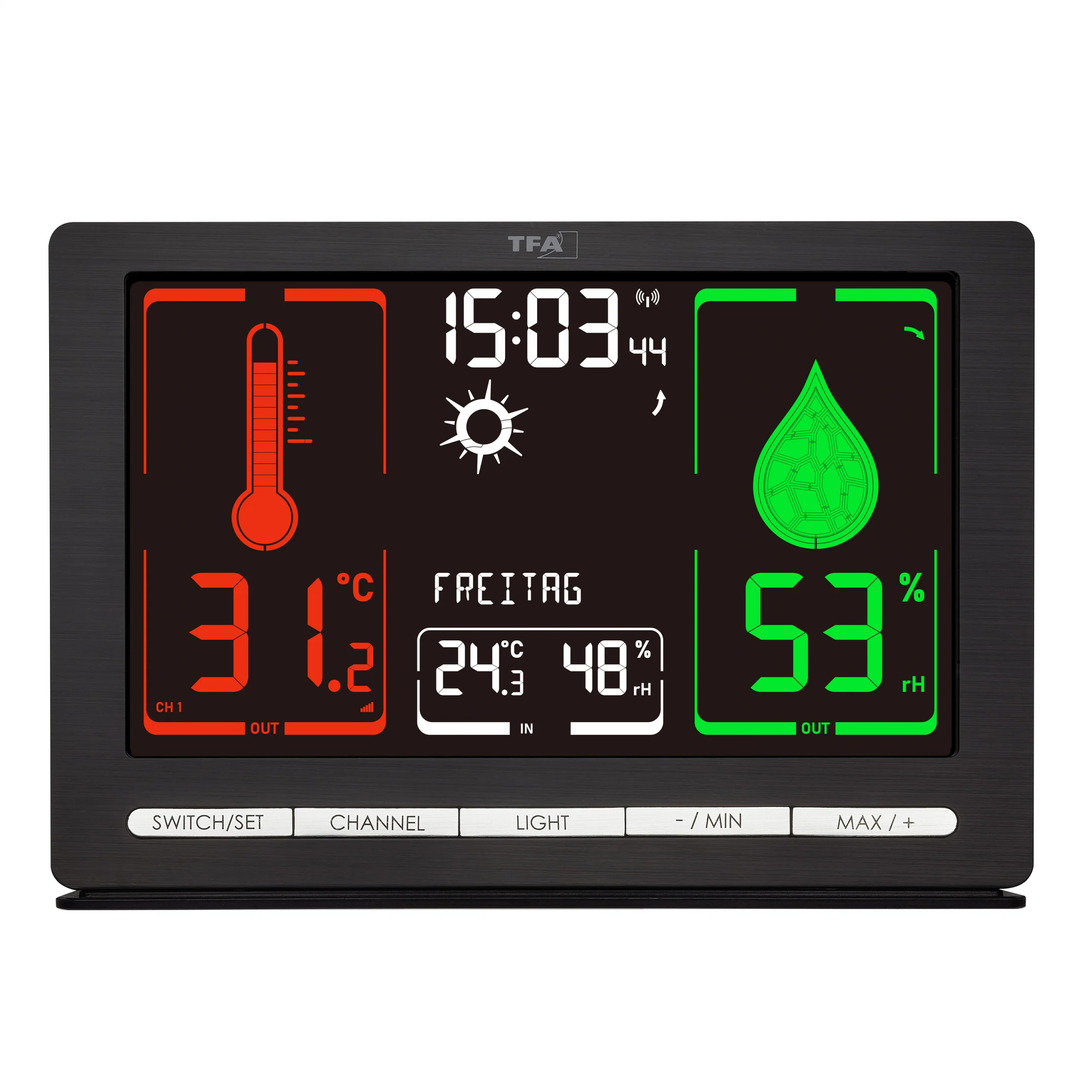Funk-Wetterstation METEOCHROME mit Farbdisplay und kabellosem Außensender, Wochentag auf Deutsch - Image 6
