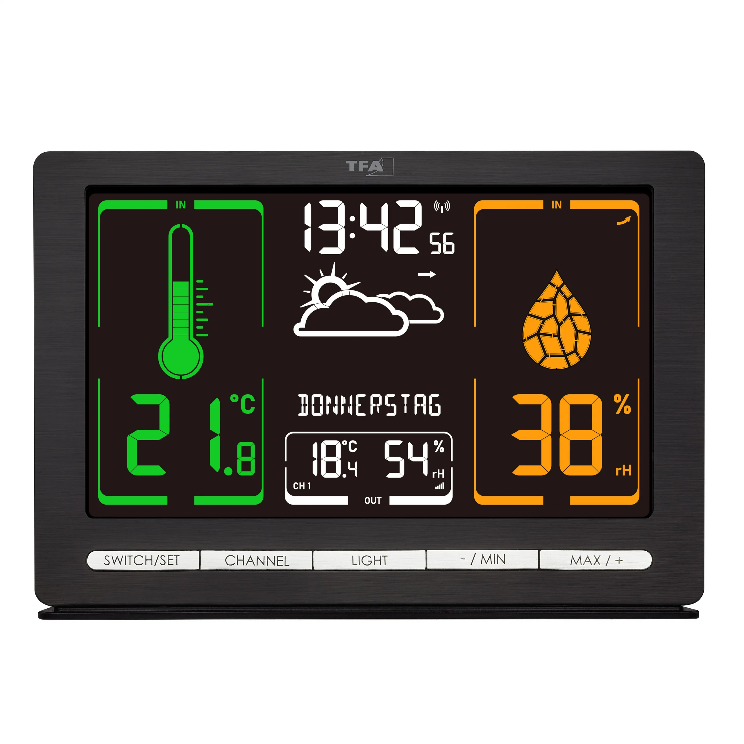 Funk-Wetterstation METEOCHROME mit Farbdisplay und kabellosem Außensender, Wochentag auf Deutsch - Image 7