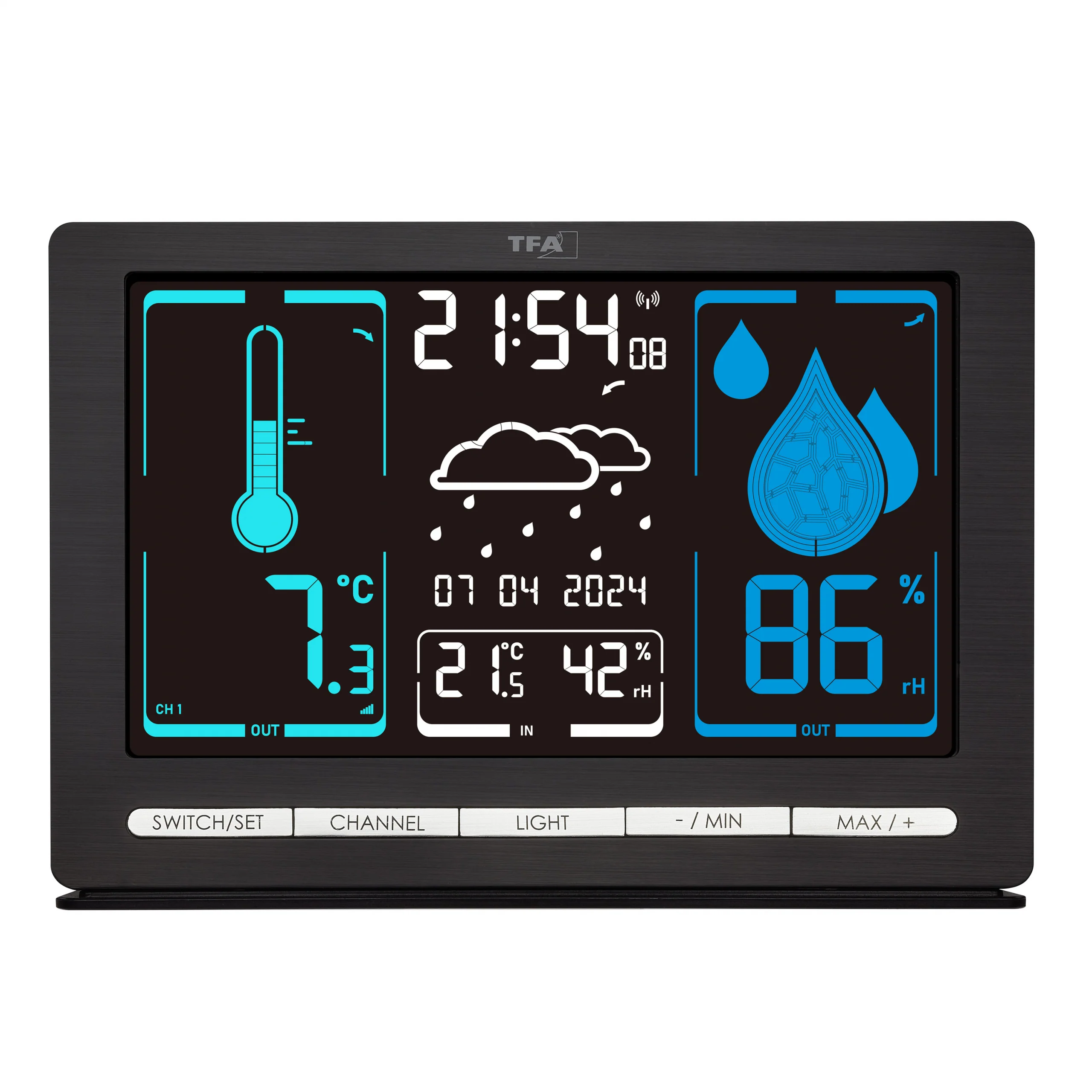 Funk-Wetterstation METEOCHROME mit Farbdisplay und kabellosem Außensender, Wochentag auf Deutsch - Image 9