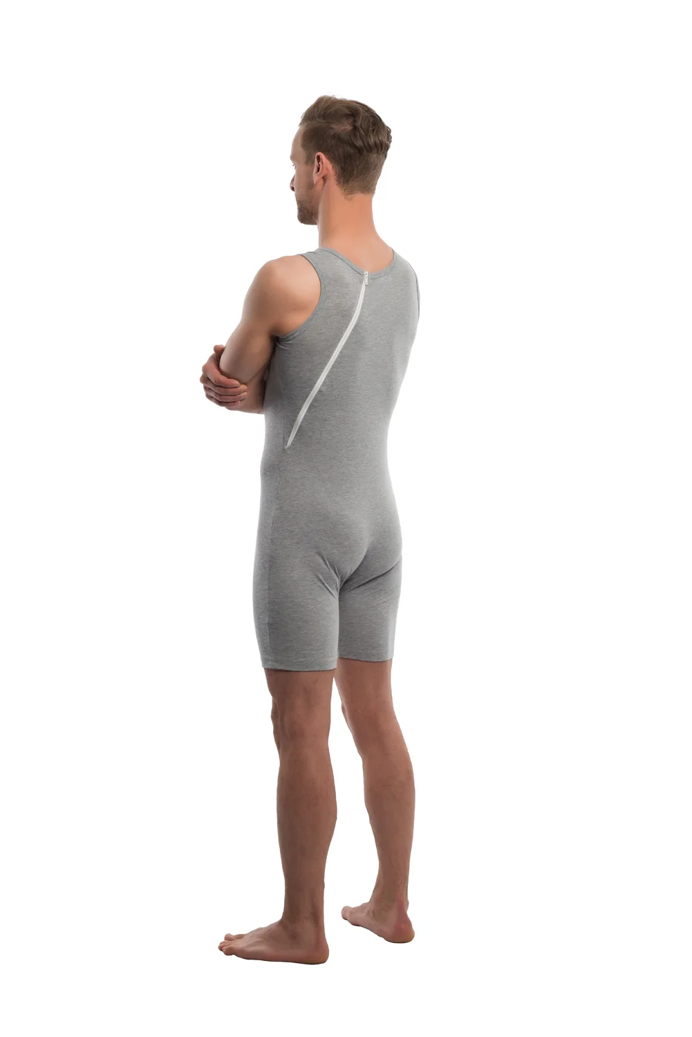 Suprima Pflegebody ohne Arm, kurzes Bein, Rückenreißverschluss, Baumwolle - unisex, grau - Image 2